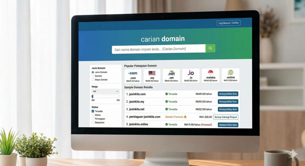 Ilustrasi carian nama domain untuk membina website dengan domain dan hosting sendiri.